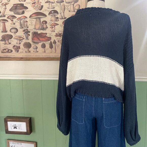 Rag Poet Navy White Striped Cropped Sweater - Picture 3 of 5
